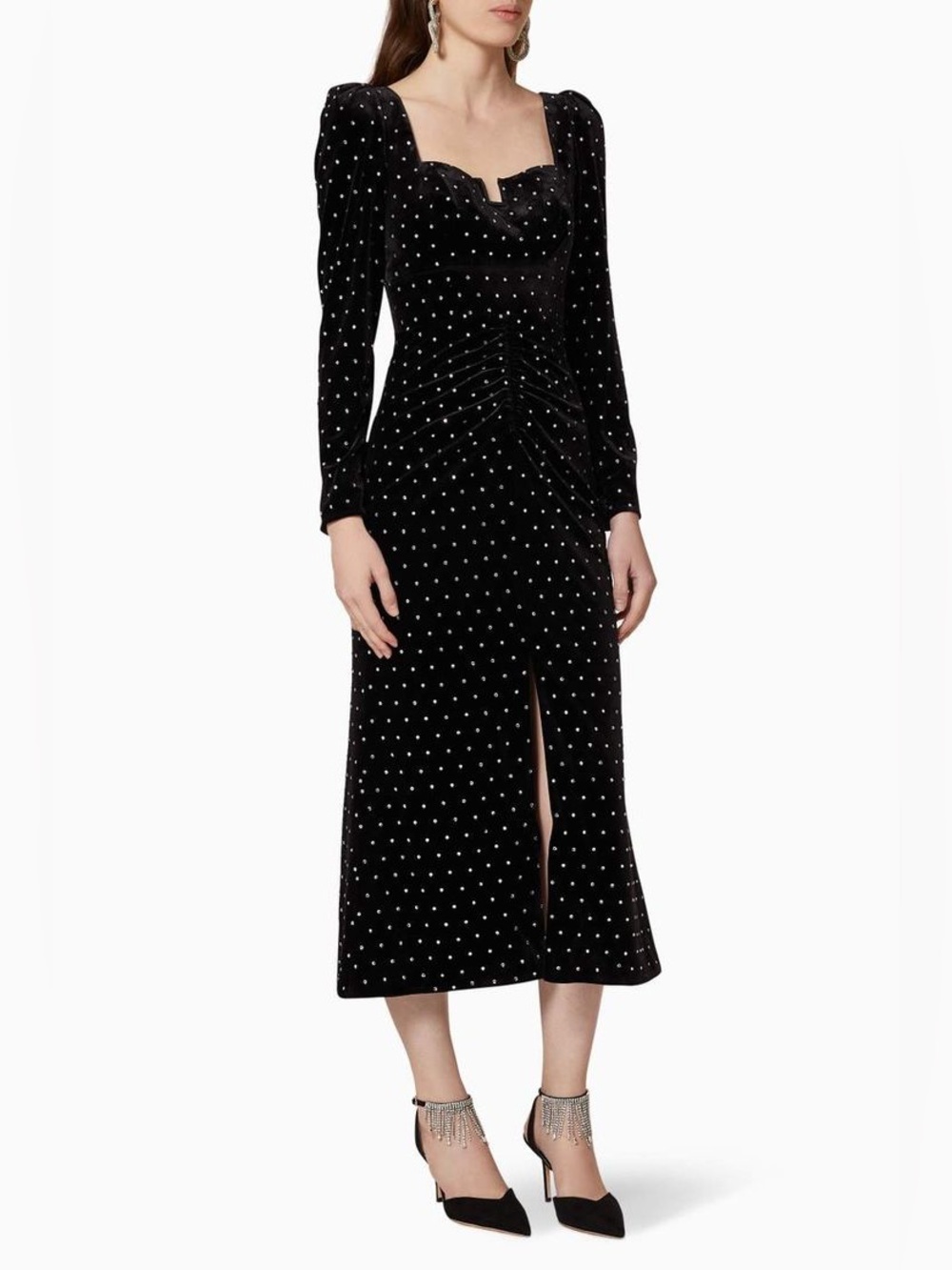Self-Portrait Black Velvet Diamanté Studded Midi Dress US 2 Designer Evening